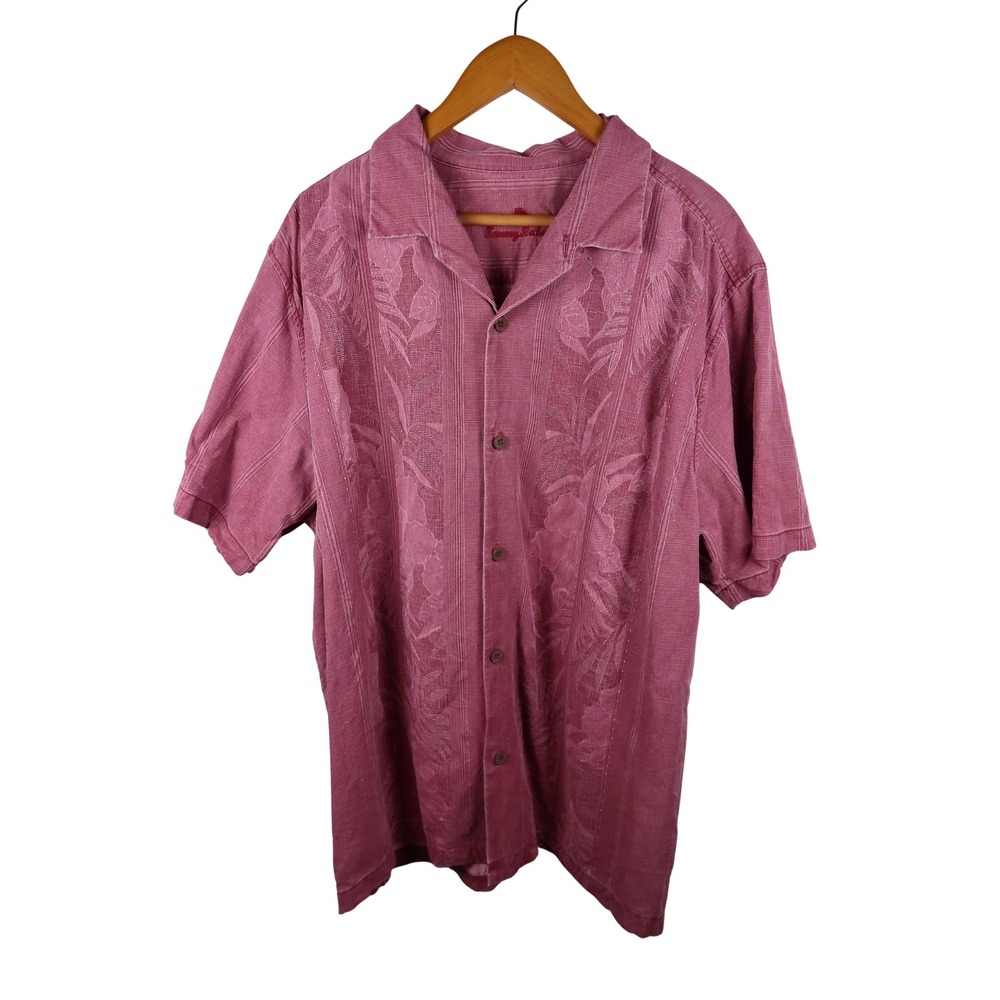 Tommy Bahama Mens XXL Silk Blend Floral Embroidered Camp Shirt Burgundy Red XL